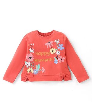 Babyhug 100% Cotton Knit Full Sleeves T-Shirt with Floral Graphics & Bow Detailing - Rust