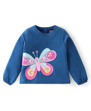 Babyhug 100% Cotton Knit Full Sleeves T-Shirt with Butterfly Graphics & Applique Detailing - Blue