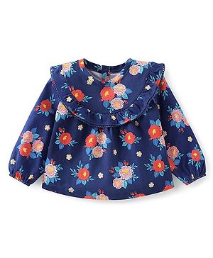 Babyhug Cotton Knit Full Sleeves Top with Floral Print - Navy Blue