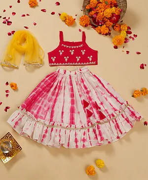 Saka Designs Cotton Sleeveless Choli and Tie Dye Pattern Lehenga Set with Lace Border Dupatta Floral Embroidered - Pink