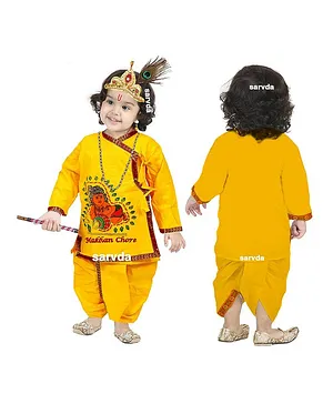 Sarvda Janmashtami Theme Full Sleeves Kanha Printed Angrakha Style Krishna Costume Kit - Yellow