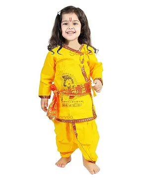 Sarvda Janmashtami Theme Full Sleeves Kanha Printed Angrakha Style Krishna Costume Kit - Yellow
