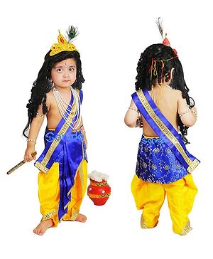 Sarvda Janmashtami Theme Silk Floral Swirl Sequin & Gota Lace Embellished Krishna Costume Kit - Blue & Yellow