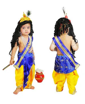 Sarvda Janmashtami Theme Silk Floral Swirl Sequin & Gota Lace Embellished Krishna Costume Kit - Blue & Yellow