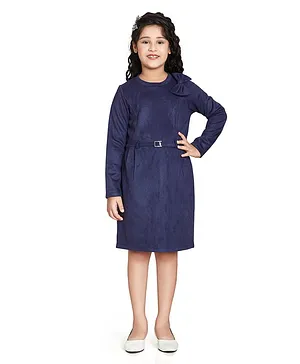 Peppermint Full Sleeves Bow Applique Detailed Suede Dress - Navy Blue