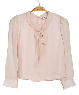 Peppermint Full Sleeves Pintucked Solid Front Tie Up Top - Peach