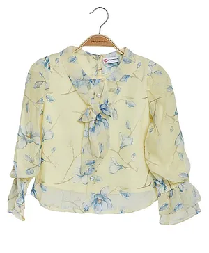 Peppermint Puffed Full Sleeves Floral Printed Front Tie Up Top - Yellow