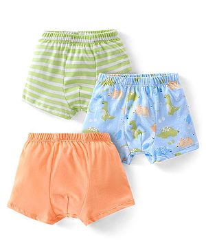 Babyhug 100% Cotton Trunk Striped & Dino Print Pack Of 3 - Green Blue & Orange