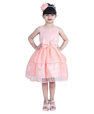 Wish little Sleeveless Floral Rose Embroidered & Stone Embellished Bow Detailed Fit & Flare Dress - Peach