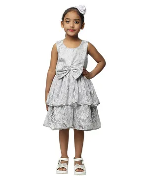 Wish little Sleeveless Floral Net Embroidered & Stone Embellished Bow Detailed Fit & Flare Dress - Grey