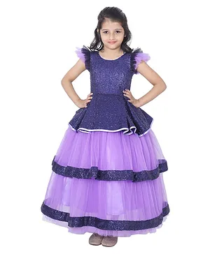 Wish little Cap Sleeves Shimmer Layered Peplum Style Fit & Flare Prom Gown - Purple