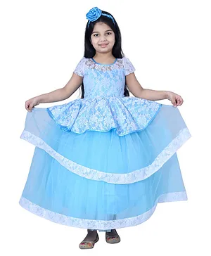 Wish little Half Sleeves Floral Lace    Layered Peplum Style Fit & Flare Prom Gown - Blue