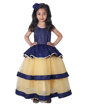 Wish little Sleeveless Shimmer Layered Peplum Style Fit & Flare Prom Gown - Navy Blue & Golden