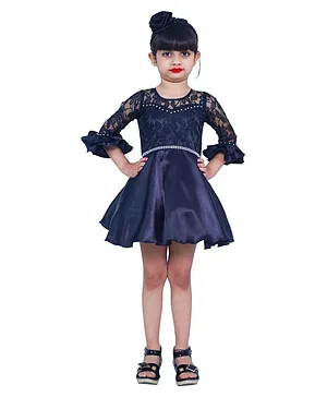 Wish little Three Fourth Bell Sleeves Floral Lace Bodice Embellished Fit & Flare Dress - Black