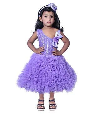 Wish little Sleeveless Shimmer Bodice & Bow Embellished Rufflke Detailed Dress - Lavender