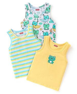 Babyhug 100% Cotton Sleeveless Sando Froggy Printed Pack of 3 - Blue Green & Yellow