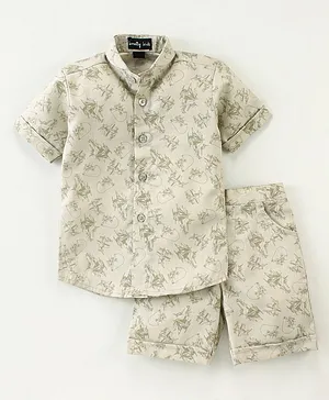 Knotty Kids Half Sleeves Shooting Printed Shirt & Shorts - Olive Green