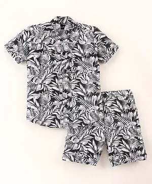 Knotty Kids Half Sleeves Leaf Printed Shirt & Shorts  - Black