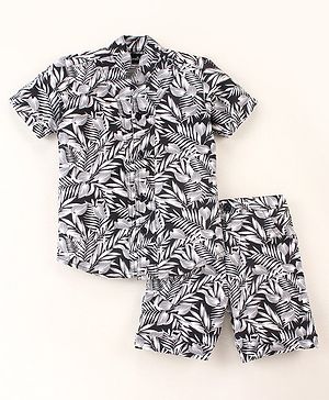 Knotty Kids Half Sleeves Leaf Printed Shirt & Shorts  - Black