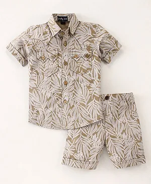 Knotty Kids Halfd Sleeves Leaf Printed Shirt & Shorts - Beige