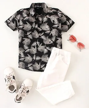 Knotty Kids Half Sleeves Coconut Leaf Printed Shirt & Solid Pant - Black