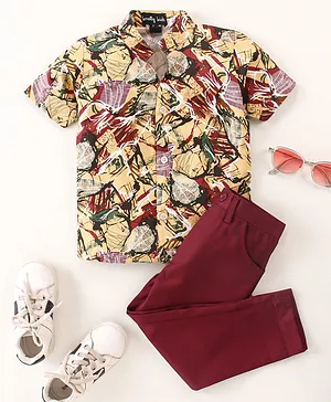 Knotty Kids Half Sleeves  Abstract  Printed Shirt & Pant Sets - Maroon
