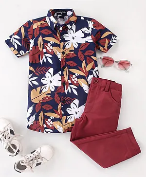 Knotty Kids Half Sleeves  Floral & Leaf Printed Shirt & Pant Sets - Red