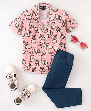 Knotty Kids Half Sleeves Seamless Bunnies Printed Shirt With Solid Pant - Pink & Blue