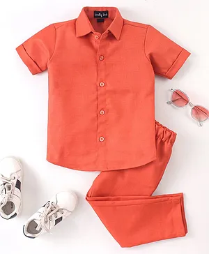 Knotty Kids Half Sleeves Solid Shirt & Pant Set - Orange