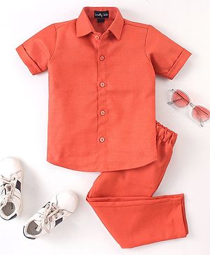 Knotty Kids Half Sleeves Solid Shirt & Pant Set - Orange