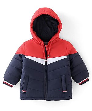 Babyhug Woven Full Sleeves Hooded Jacket With Solid Colour - Red White & Blue
