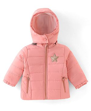 Babyhug Woven Full Sleeves Solid Colour Jacket with Detachable Hood - Pink
