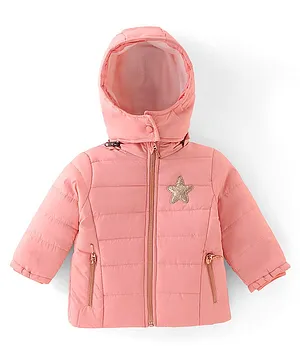 Babyhug Woven Full Sleeves Solid Colour Jacket with Detachable Hood - Pink