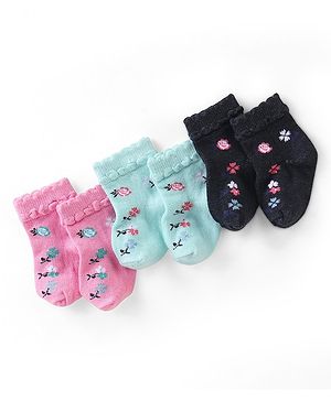 Cute Walk by Babyhug Knit Ankle Length Anti Bacterial Socks Floral Design - Multicolor