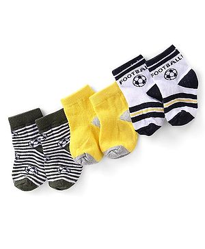 Cute Walk by Babyhug Anti-Bacterial Ankle Length Striped & Football Design Socks Pack of 3 - White Black & Yellow