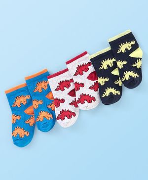 Cute Walk by Babyhug Cotton Knit Ankle Length Anti Bacterial Socks Dino Design Pack of 3 - Multicolor