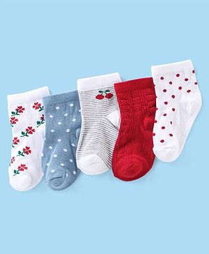 Cute Walk By Babyhug Cotton Knit Anti Bacterial Ankle Length Socks Stripes & Floral Design Pack Of 5 - Red Blue & White