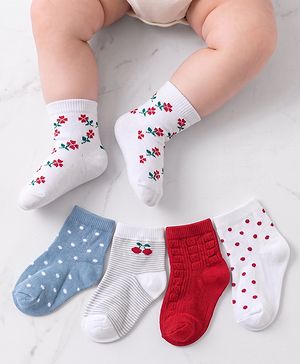 Cute Walk By Babyhug Cotton Knit Anti Bacterial Ankle Length Socks Stripes & Floral Design Pack Of 5 - Red Blue & White