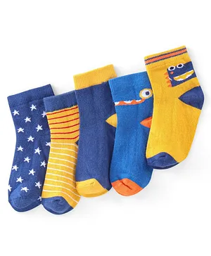 Cute Walk by Babyhug Ankle Length Anti Bacterial Socks Star Design Pack of 5 - Yellow & Blue
