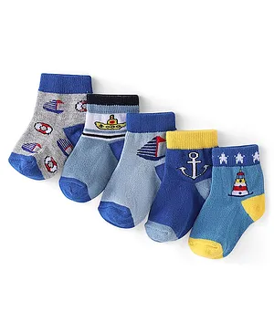 Cute Walk by Babyqhug Anti-Bacterial Ankle Length Ship Design Socks Pack of 5 - Multicolour