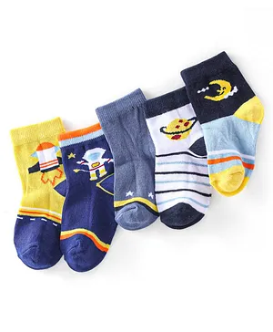 Cute Walk by Babyhug Cotton Knit Ankle Length Anti Bacterial Socks Astronaut Design Pack of 5 - Multicolor