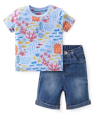 Babyhug Half Sleeves T-Shirt & Denim Shorts Set Marine Life Print - Multicolor & Blue