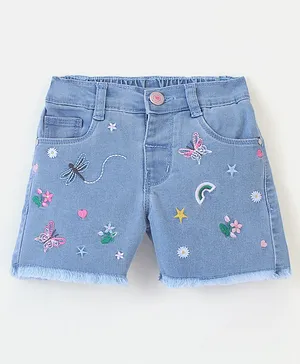 Babyhug Cotton Spandex Mid Thigh Length Washed Stretchable Shorts Nature Embroidery - Blue
