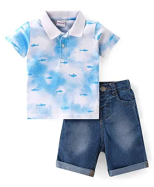 Babyhug Knit Denim Half Sleeves T-Shirt & Shorts With Tie Dye & Shark Print - Blue & White