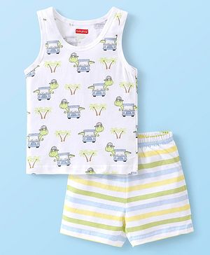 Babyhug 100% Cotton Sleeveless Sando & Shorts Set Car Print - Multicolour