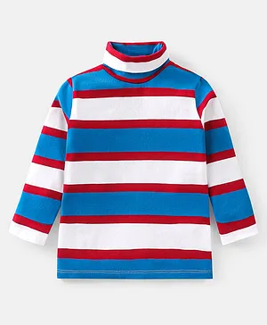 Babyhug Cotton Knit Full Sleeves Skivi T-Shirt with Stripes - White & Blue
