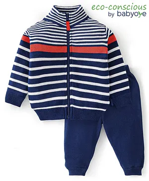 Babyoye 100% Cotton Antarsia Full Sleeves Winter Wear Suits Striped - Navy Blue