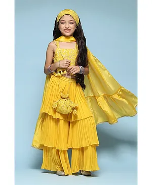 BIBA Sleeveless Straight Suit Set With Sequinned Detailing - Yellow