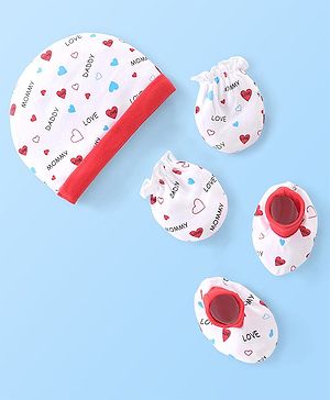 Babyhug 100% Cotton Knit Cap Mittens & Booties Set with Heart Print - White