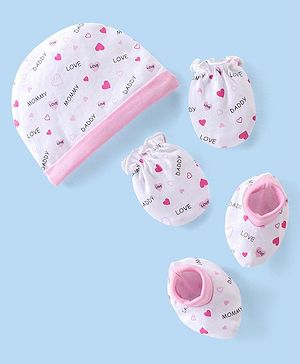 Babyhug 100% Cotton Interlock Knit Cap Mittens & Booties Set with Heart Print - White & Pink